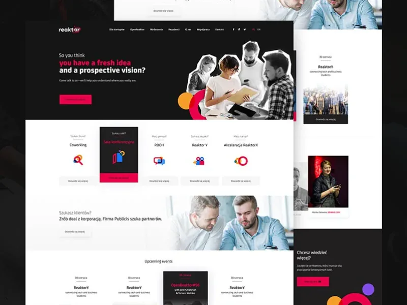 Reaktor — strona przestrzeni coworkingowej dla startupów, realizacja WordPress od JCD.pl